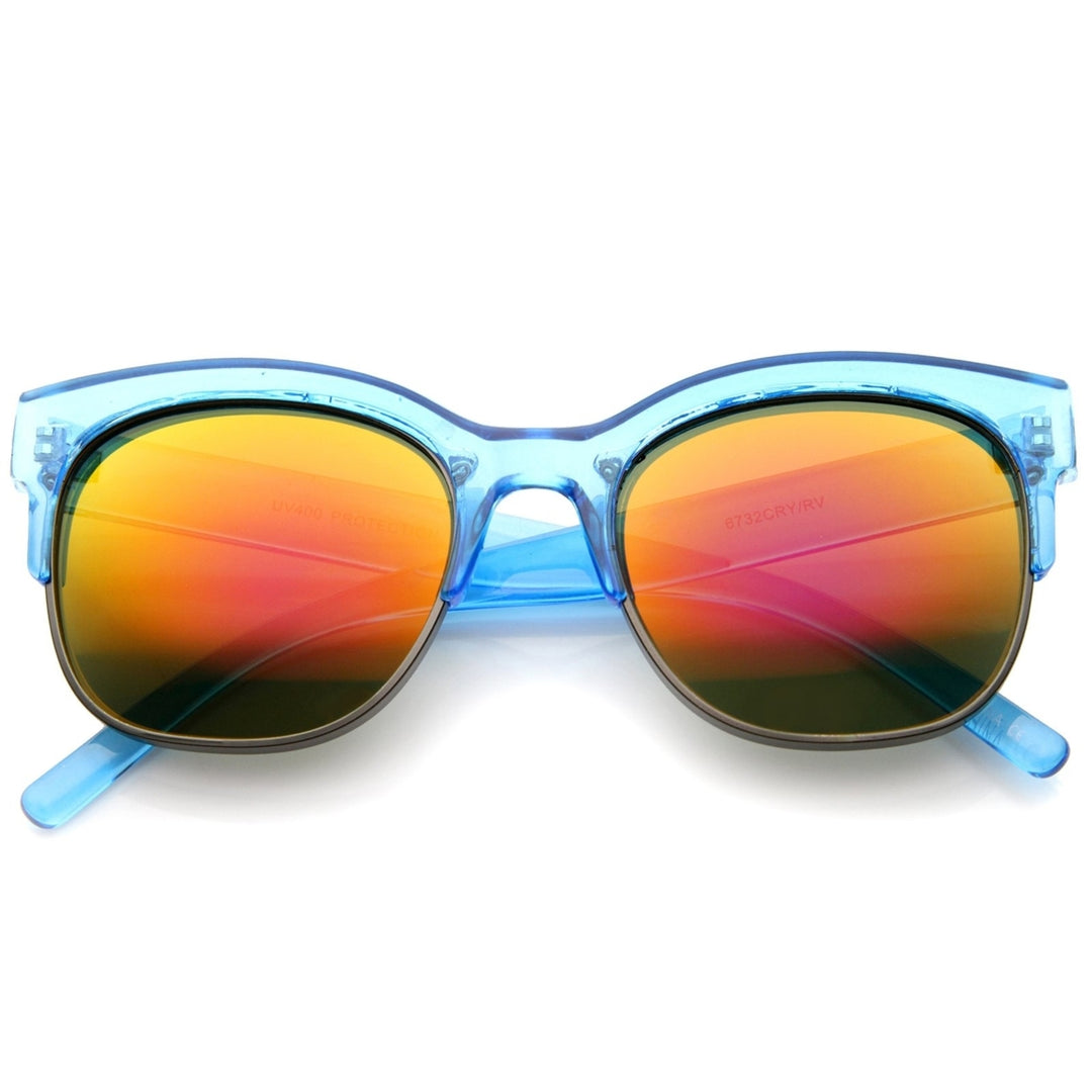 Bold Colorful Half-Frame Two-Toned Inset Mirrored Lens Horn Rimmed Sunglasses Image 1