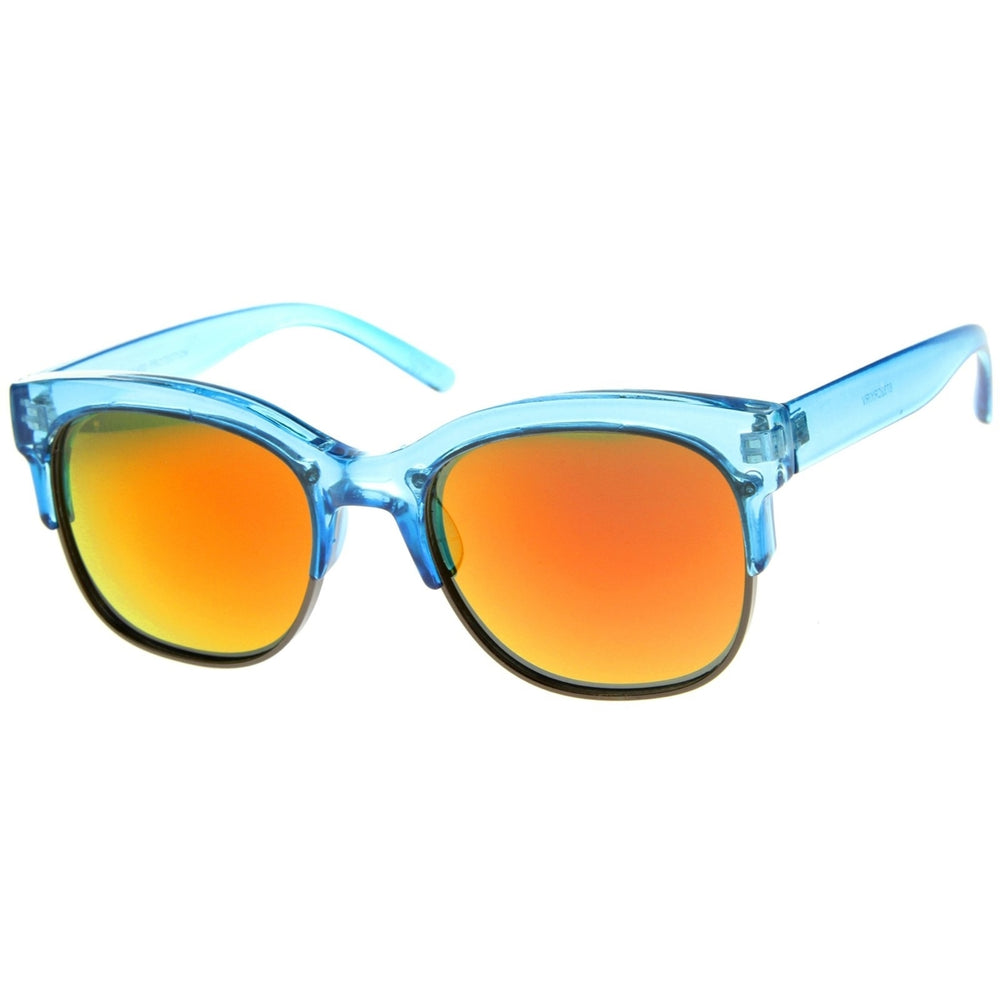 Bold Colorful Half-Frame Two-Toned Inset Mirrored Lens Horn Rimmed Sunglasses Image 2