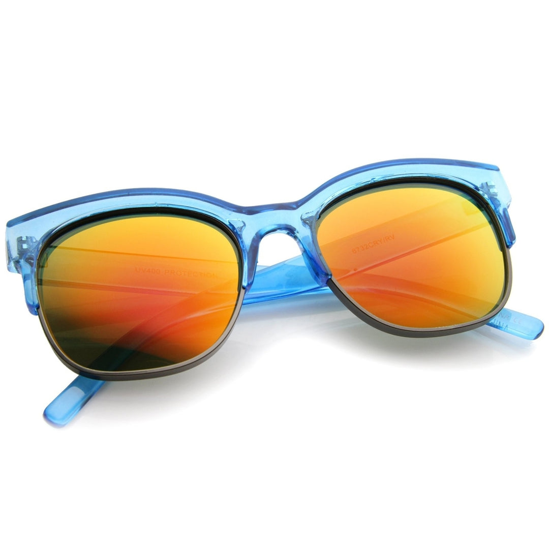 Bold Colorful Half-Frame Two-Toned Inset Mirrored Lens Horn Rimmed Sunglasses Image 4