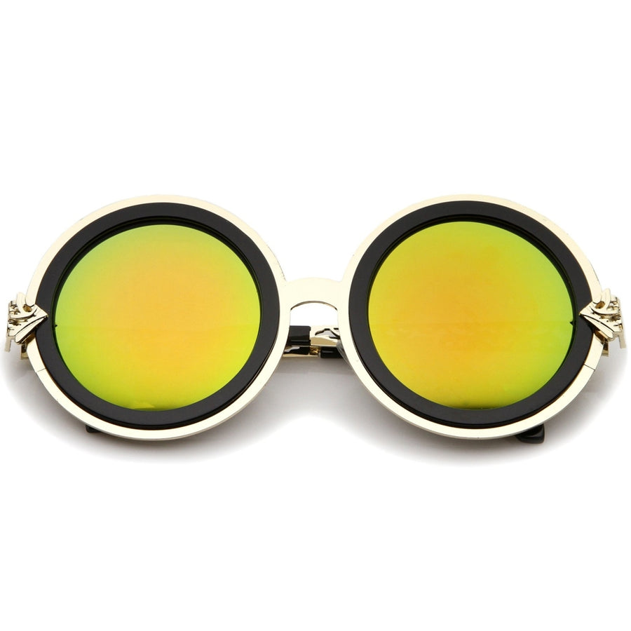 Bold Metal Ornate Cutout Temple Mirror Lens Round Sunglasses 54mm Image 1