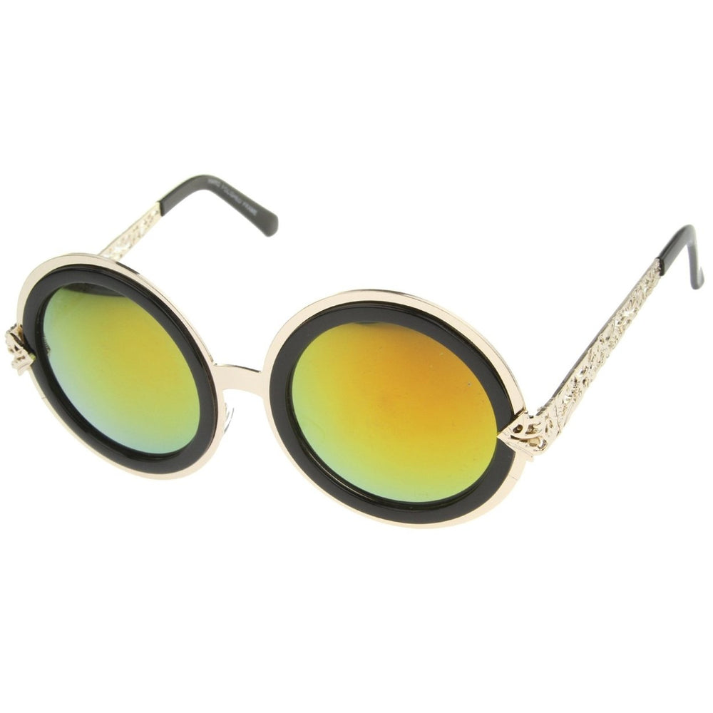 Bold Metal Ornate Cutout Temple Mirror Lens Round Sunglasses 54mm Image 2