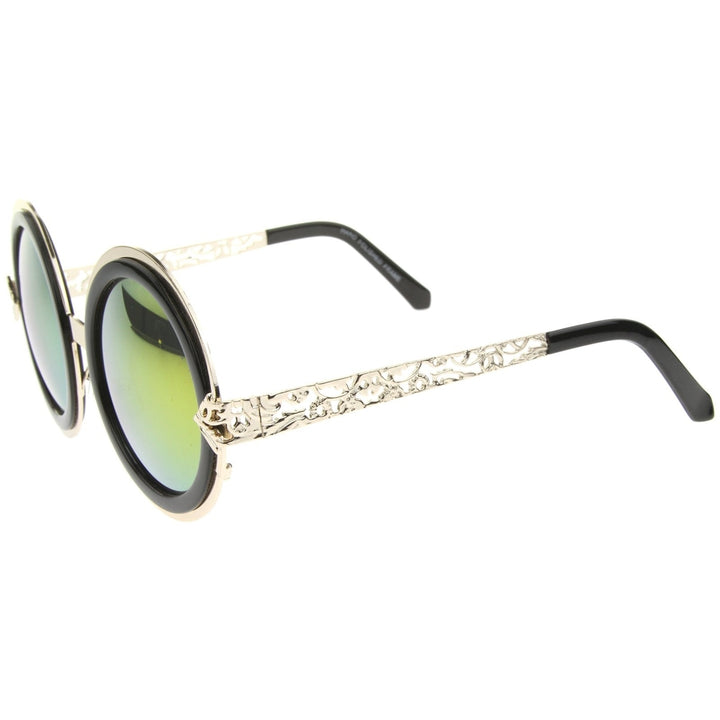 Bold Metal Ornate Cutout Temple Mirror Lens Round Sunglasses 54mm Image 3