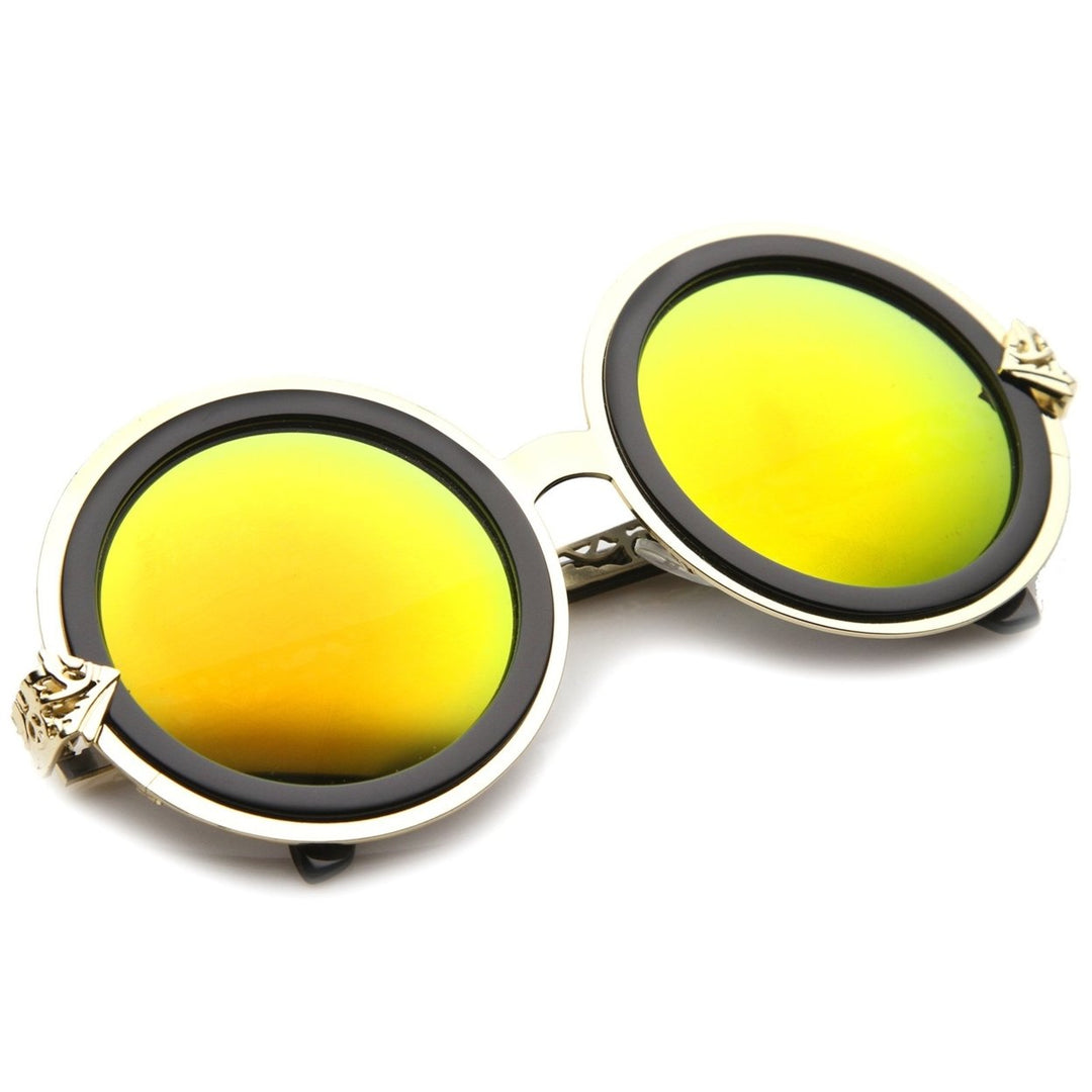 Bold Metal Ornate Cutout Temple Mirror Lens Round Sunglasses 54mm Image 4