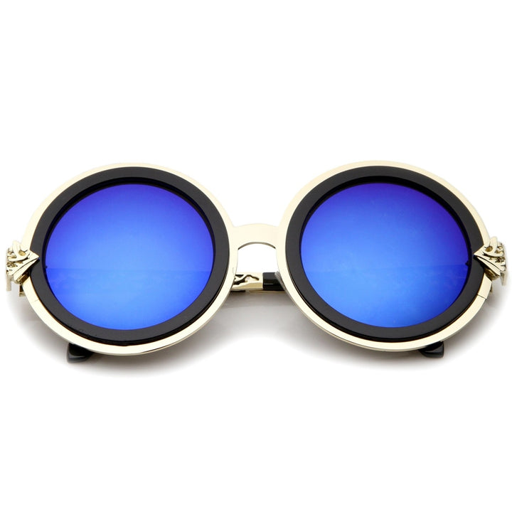 Bold Metal Ornate Cutout Temple Mirror Lens Round Sunglasses 54mm Image 4