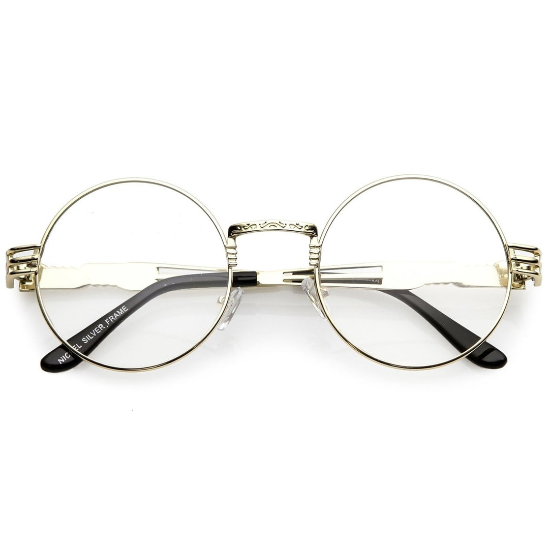 Classic Engraved Metal Round Eyeglasses With Arm Cutout Clear Flat Lens 53mm Image 1