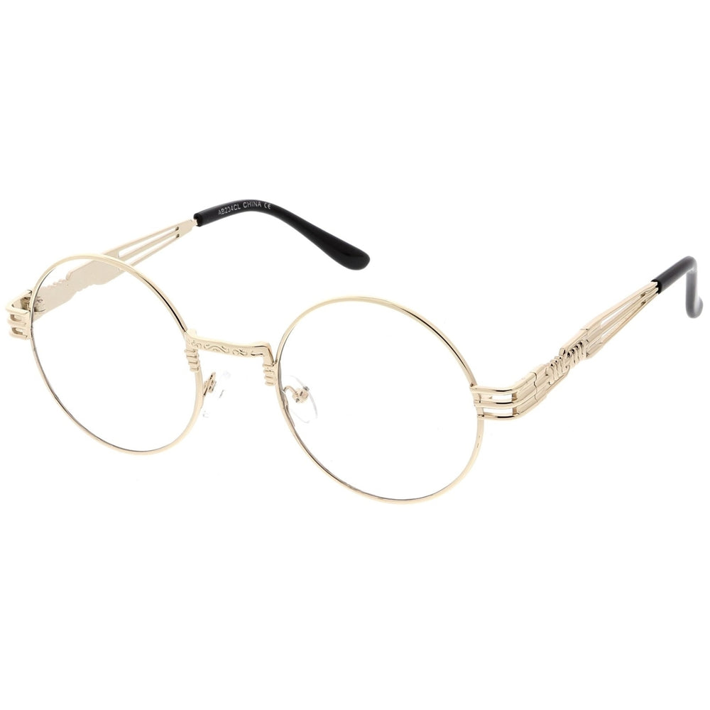 Classic Engraved Metal Round Eyeglasses With Arm Cutout Clear Flat Lens 53mm Image 2