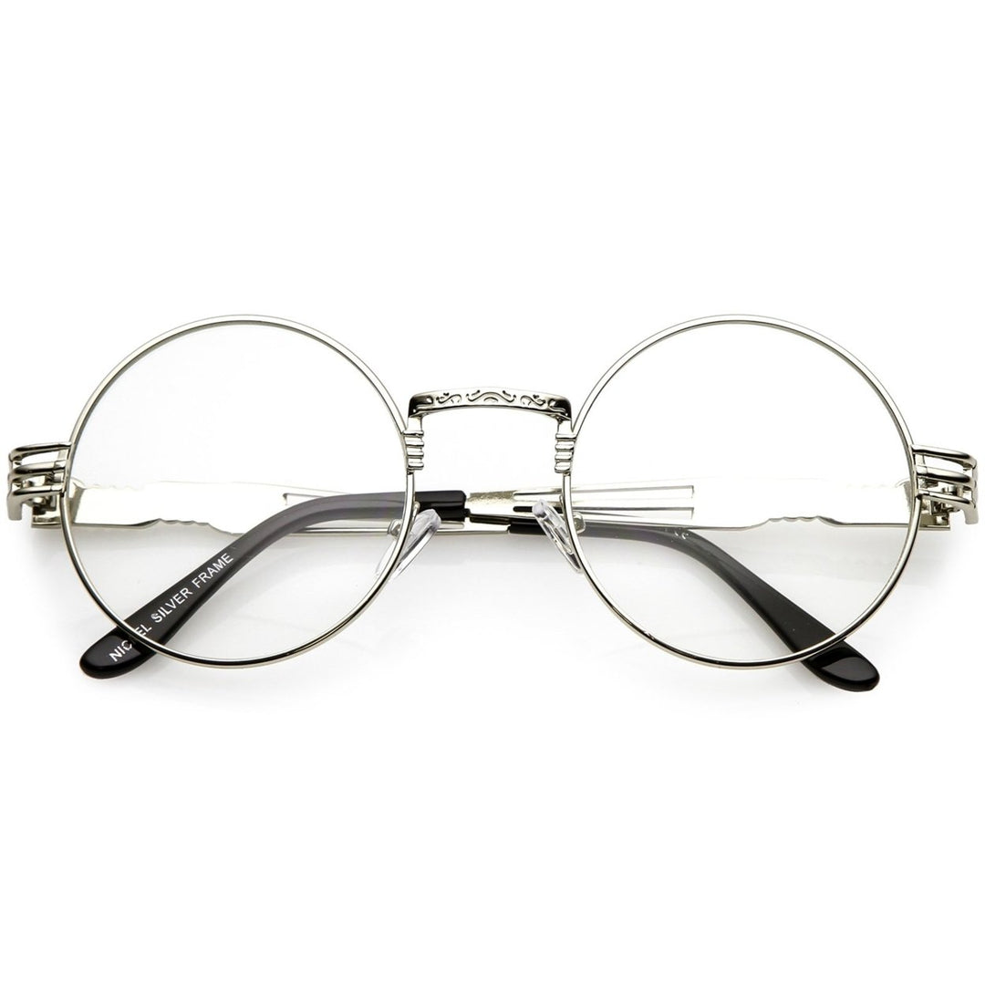 Classic Engraved Metal Round Eyeglasses With Arm Cutout Clear Flat Lens 53mm Image 4