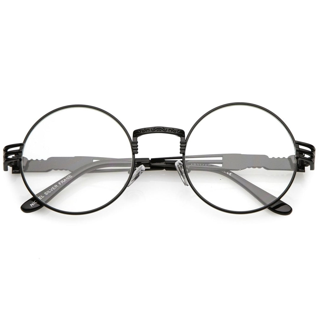 Classic Engraved Metal Round Eyeglasses With Arm Cutout Clear Flat Lens 53mm Image 6