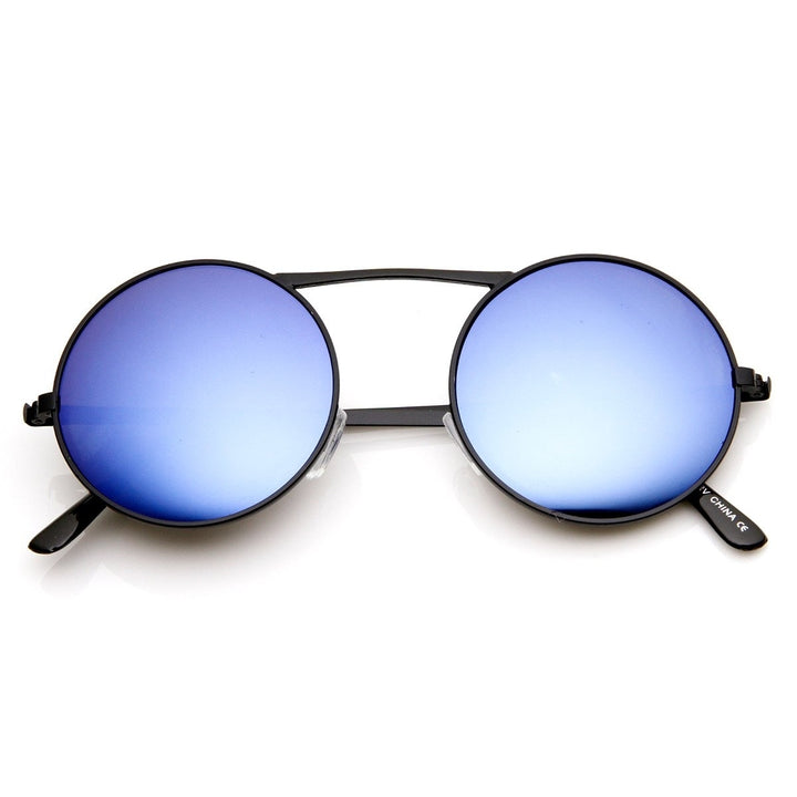 Classic Metal High Crossbar Blue Mirror Lens Round Circle Sunglasses Image 1
