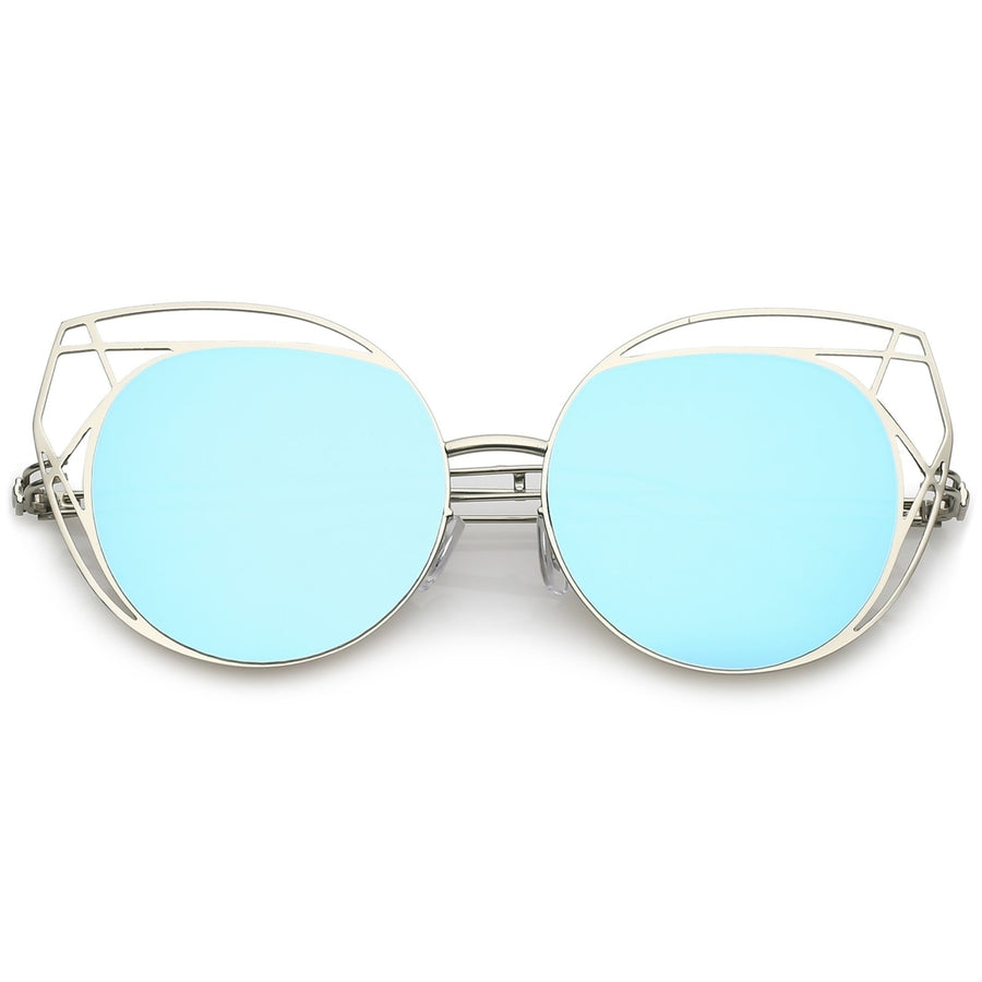 Geometric Cutout Thin Metal Cat Eye Sunglasses Round Mirrored Flat Lens 53mm Image 1