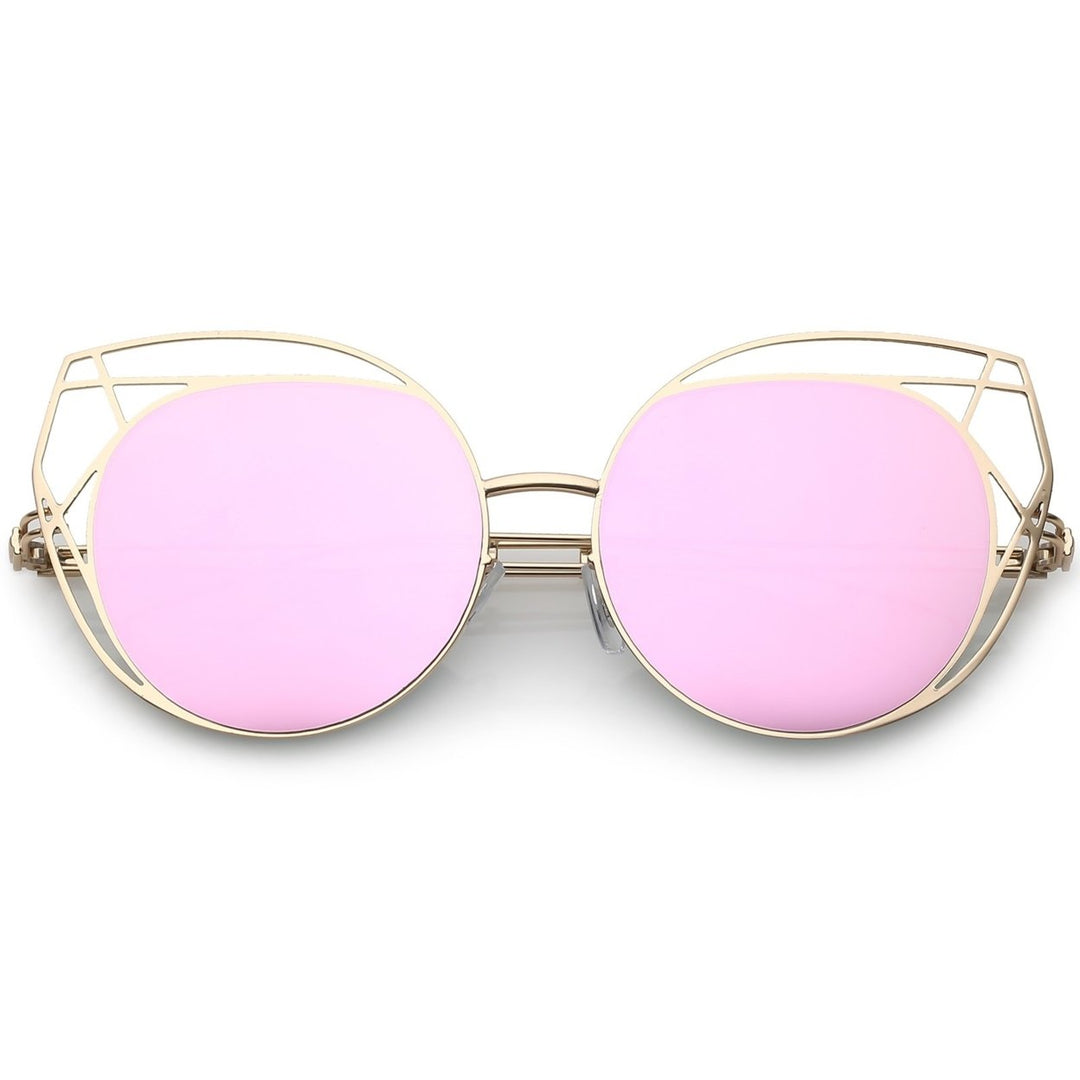 Geometric Cutout Thin Metal Cat Eye Sunglasses Round Mirrored Flat Lens 53mm Image 6