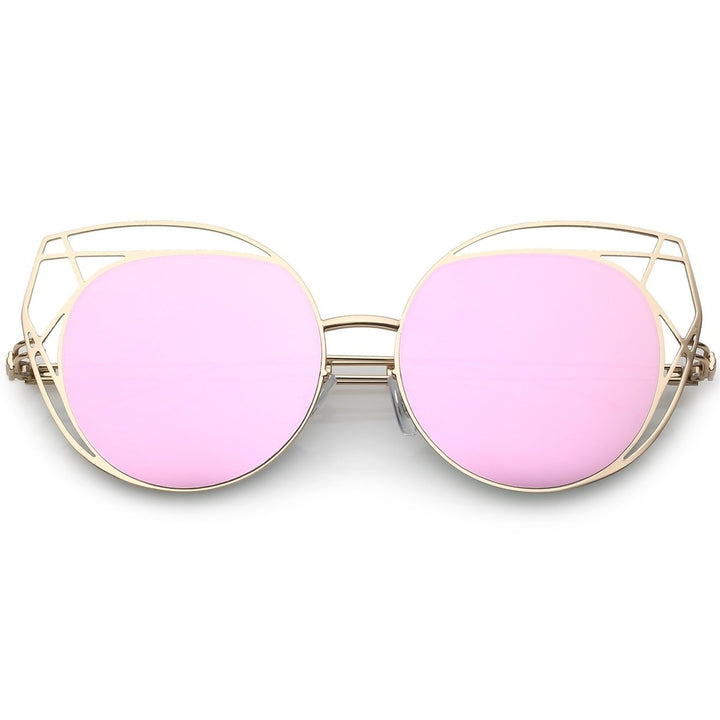 Geometric Cutout Thin Metal Cat Eye Sunglasses Round Mirrored Flat Lens 53mm Image 6
