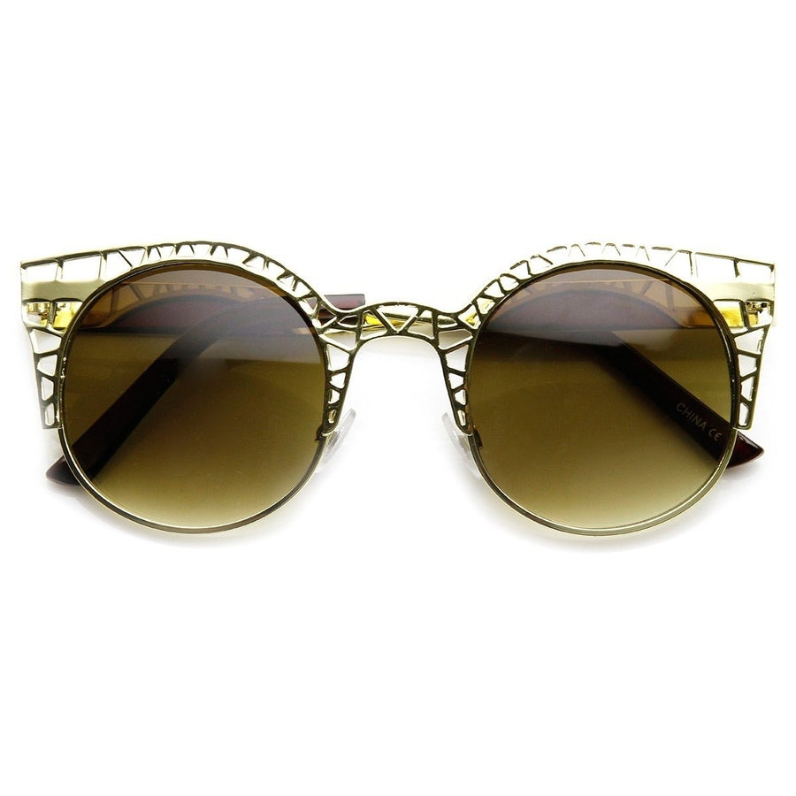 High Fashion Metal Cut Out Hollow Out Frame Round Cat Eye Sunglasses Image 1