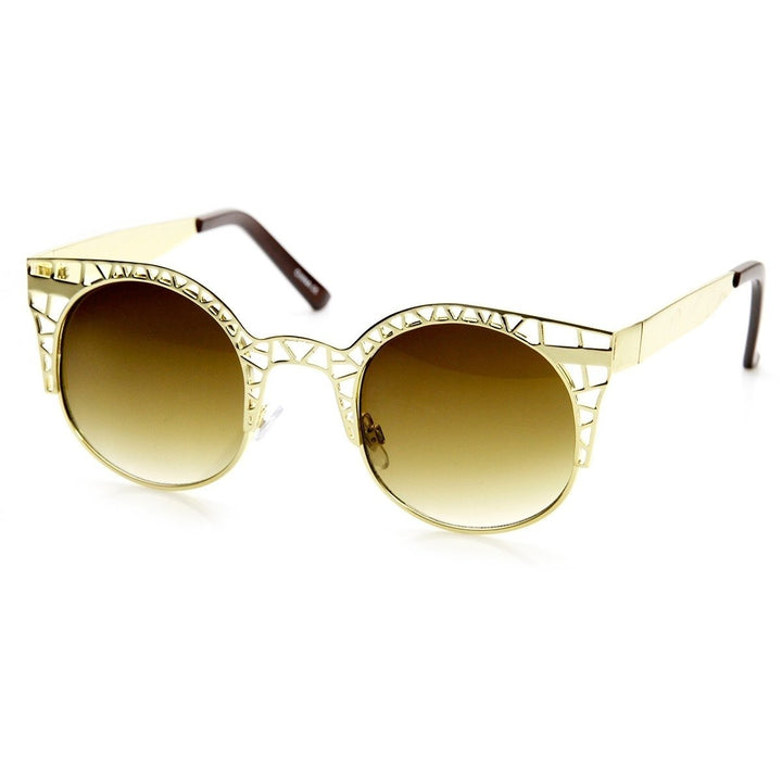 High Fashion Metal Cut Out Hollow Out Frame Round Cat Eye Sunglasses Image 2