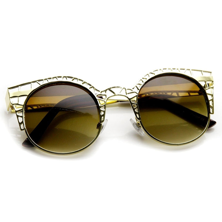 High Fashion Metal Cut Out Hollow Out Frame Round Cat Eye Sunglasses Image 4
