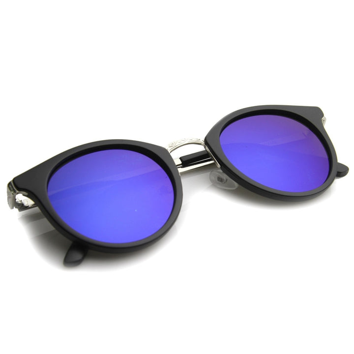 Horn Rimmed Sunglasses UV400 Mirrored Lens P3 Frame Vintage Round Unisex 42mm Image 4