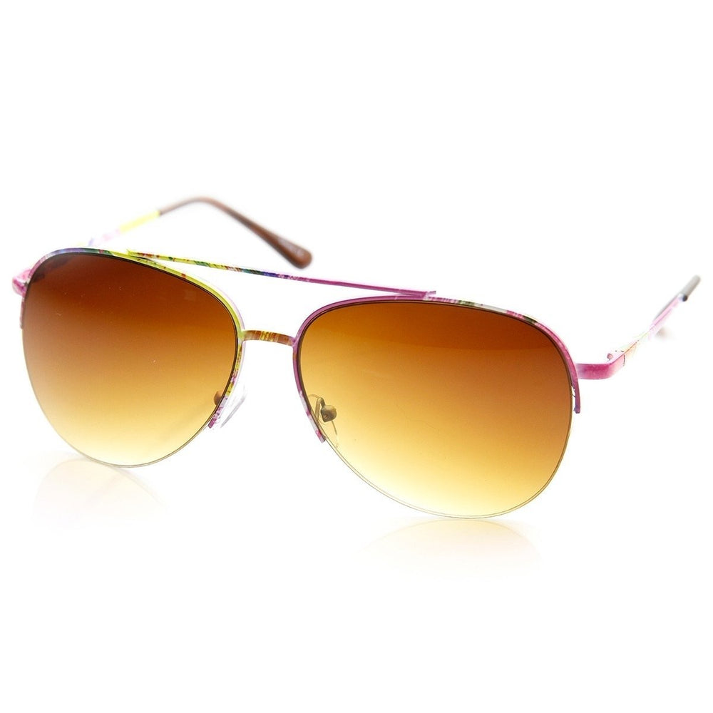 Large Floral Print Semi-Rimless Metal Aviator Sunglasses UV400 Protection 60mm Image 2