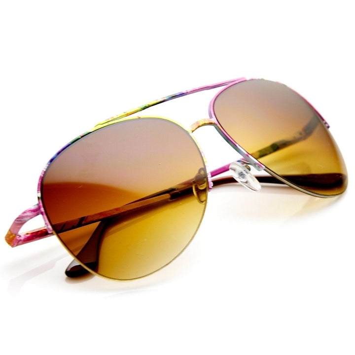 Large Colorful Floral Print Semi-Rimless Metal Aviator Sunglasses Image 4