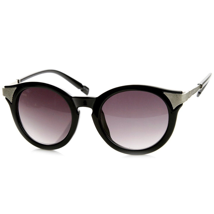 Mod Fashion Metal Temple Keyhole Round Horn Rimmed Sunglasses Image 6