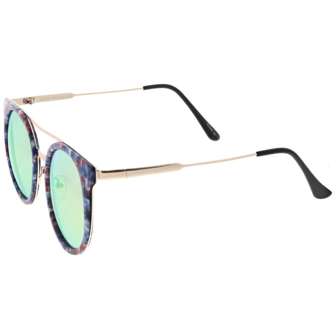 Modern Horn Rimmed Sunglasses Sleek Double Nose Bridge Round Color Mirrored Lens 51mm Image 3