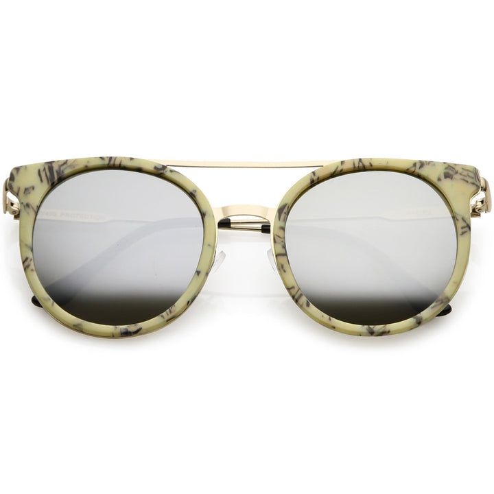 Modern Horn Rimmed Sunglasses Sleek Double Nose Bridge Round Color Mirrored Lens 51mm Image 4