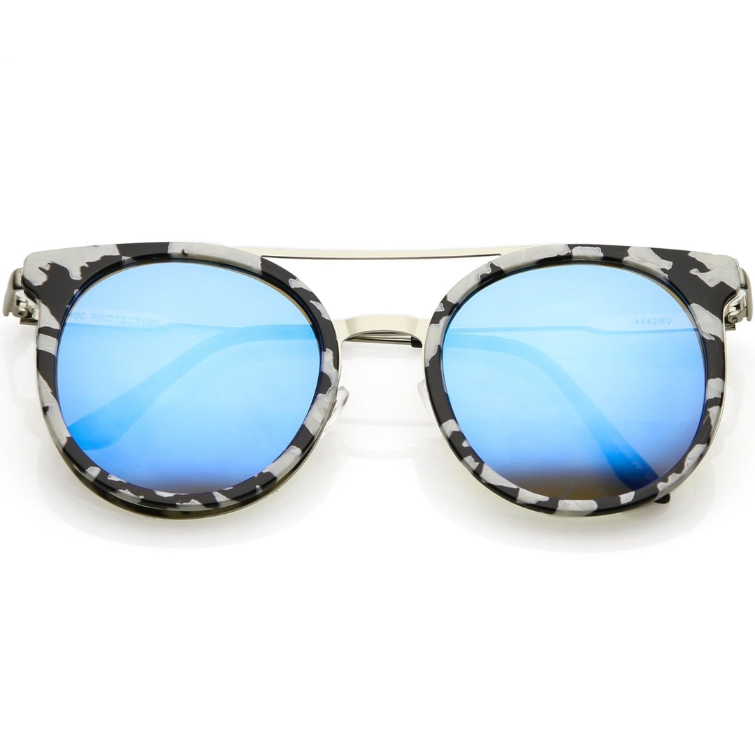 Modern Horn Rimmed Sunglasses Sleek Double Nose Bridge Round Color Mirrored Lens 51mm Image 6