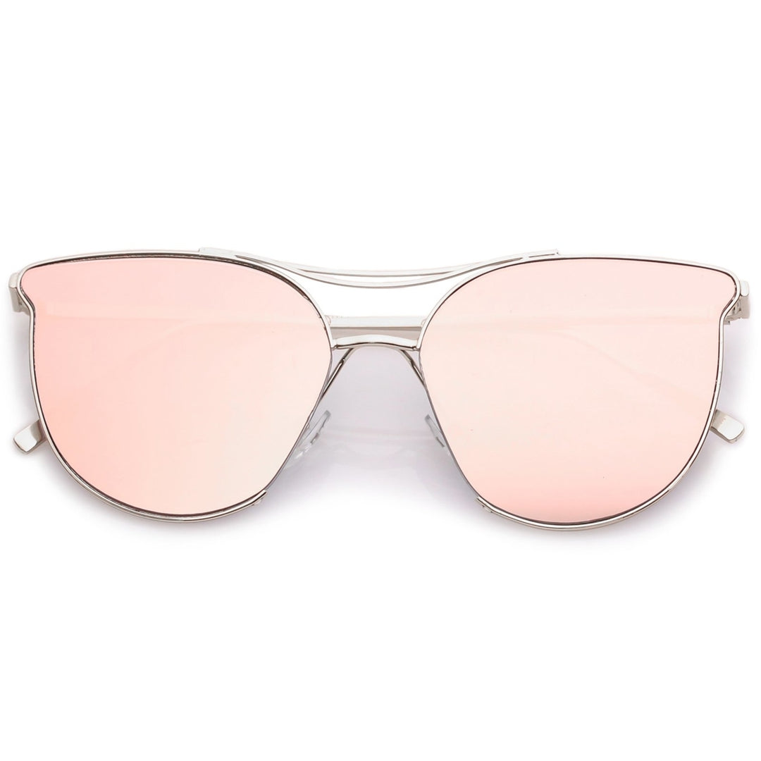 Modern Metal Cat Eye Sunglasses With Double Nose Bridge Round Pink Flat Lens 55mm Image 4