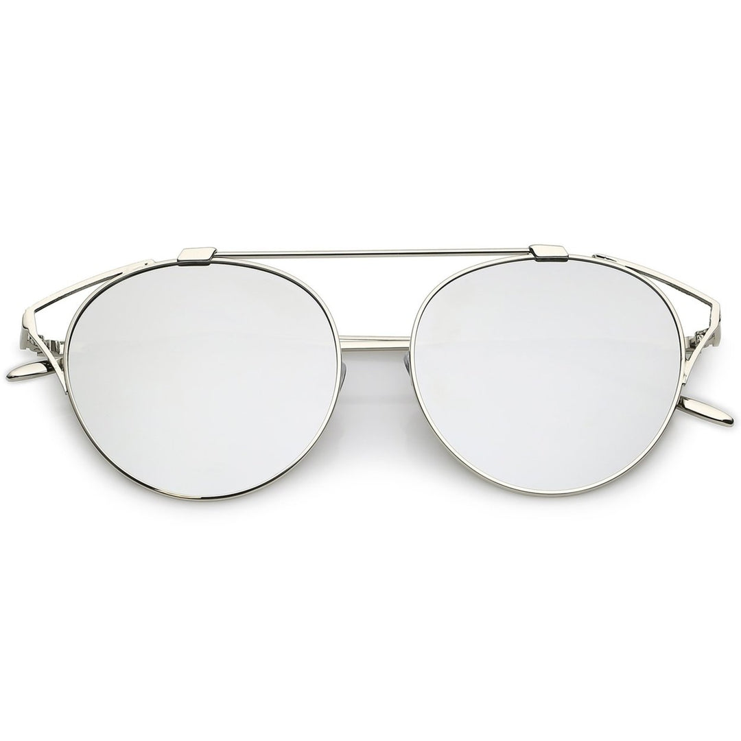 Modern Metal Cutout Cat Eye Sunglasses With Crossbar Round Mirrored Flat Lens 55mm Image 1