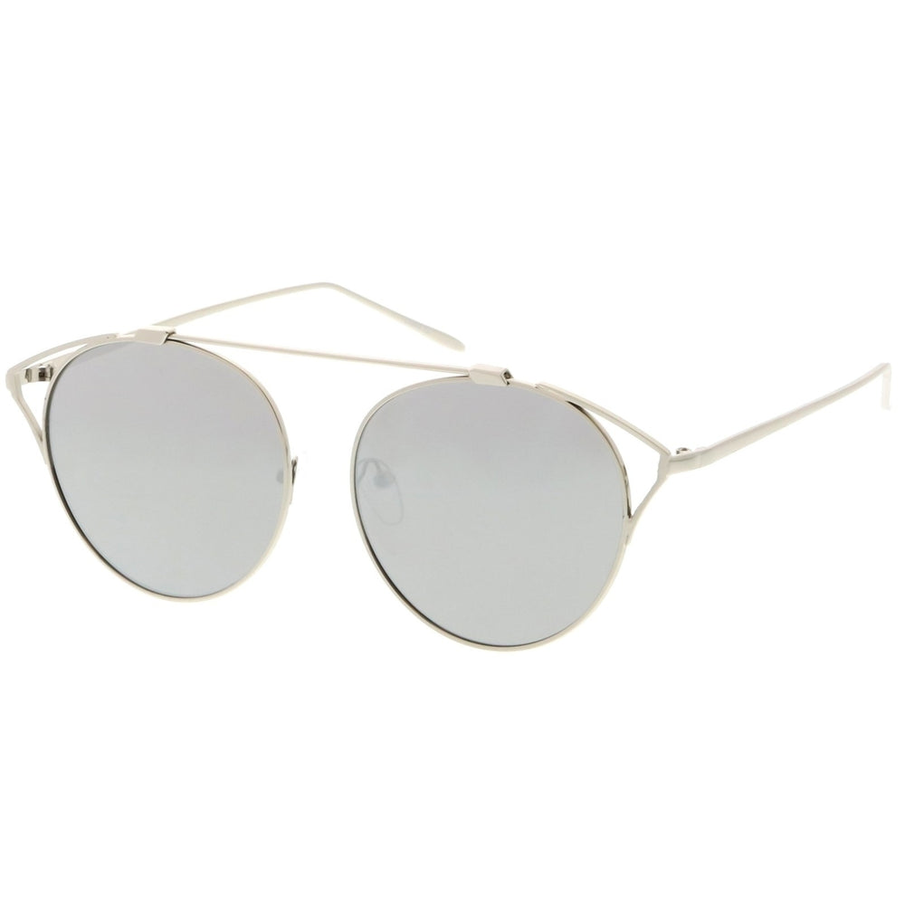 Modern Metal Cutout Cat Eye Sunglasses With Crossbar Round Mirrored Flat Lens 55mm Image 2