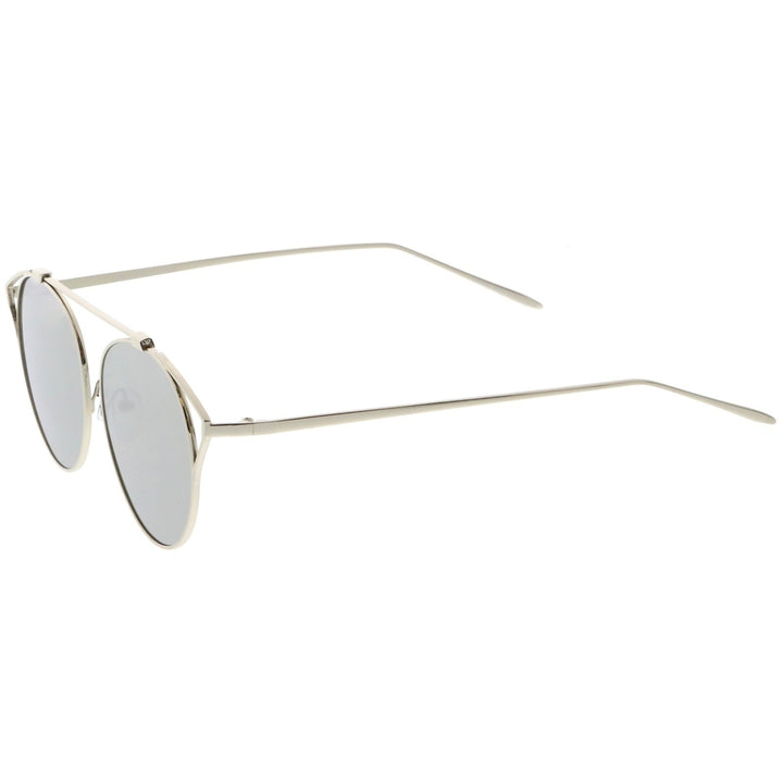 Modern Metal Cutout Cat Eye Sunglasses With Crossbar Round Mirrored Flat Lens 55mm Image 3