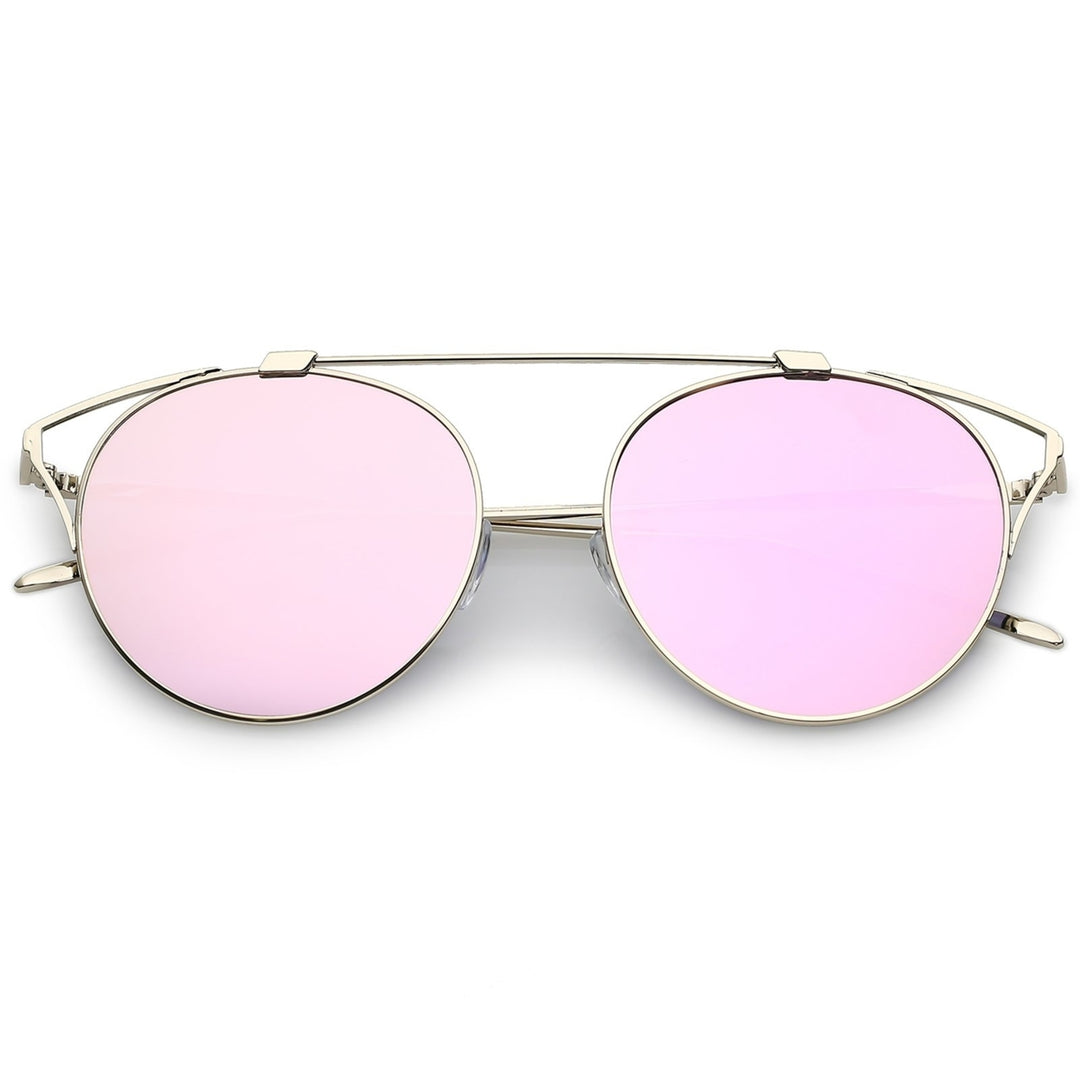 Modern Metal Cutout Cat Eye Sunglasses With Crossbar Round Mirrored Flat Lens 55mm Image 4