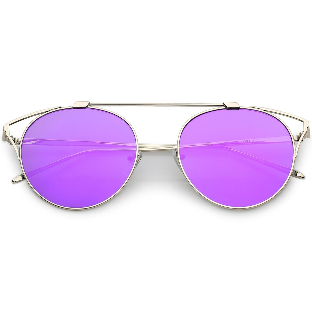 Modern Metal Cutout Cat Eye Sunglasses With Crossbar Round Mirrored Flat Lens 55mm Image 6