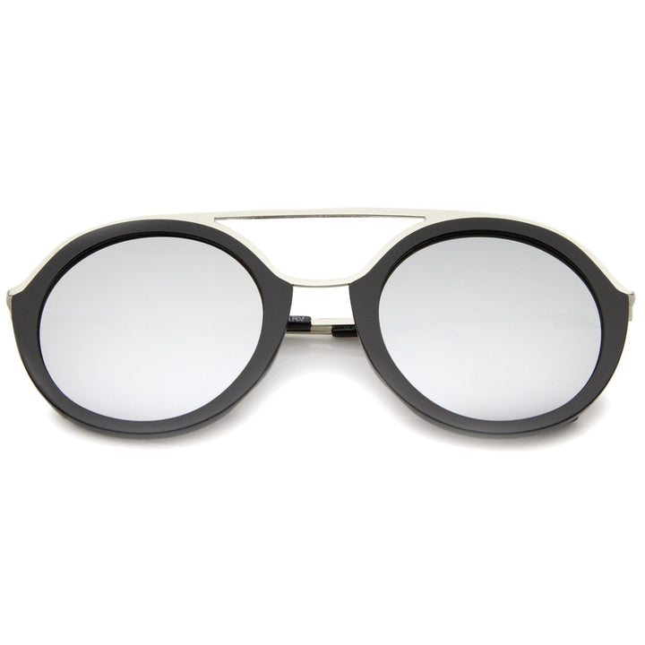 Modern Metal Double Nose Bridge Colored Mirror Lens Round Sunglasses 52mm Image 6