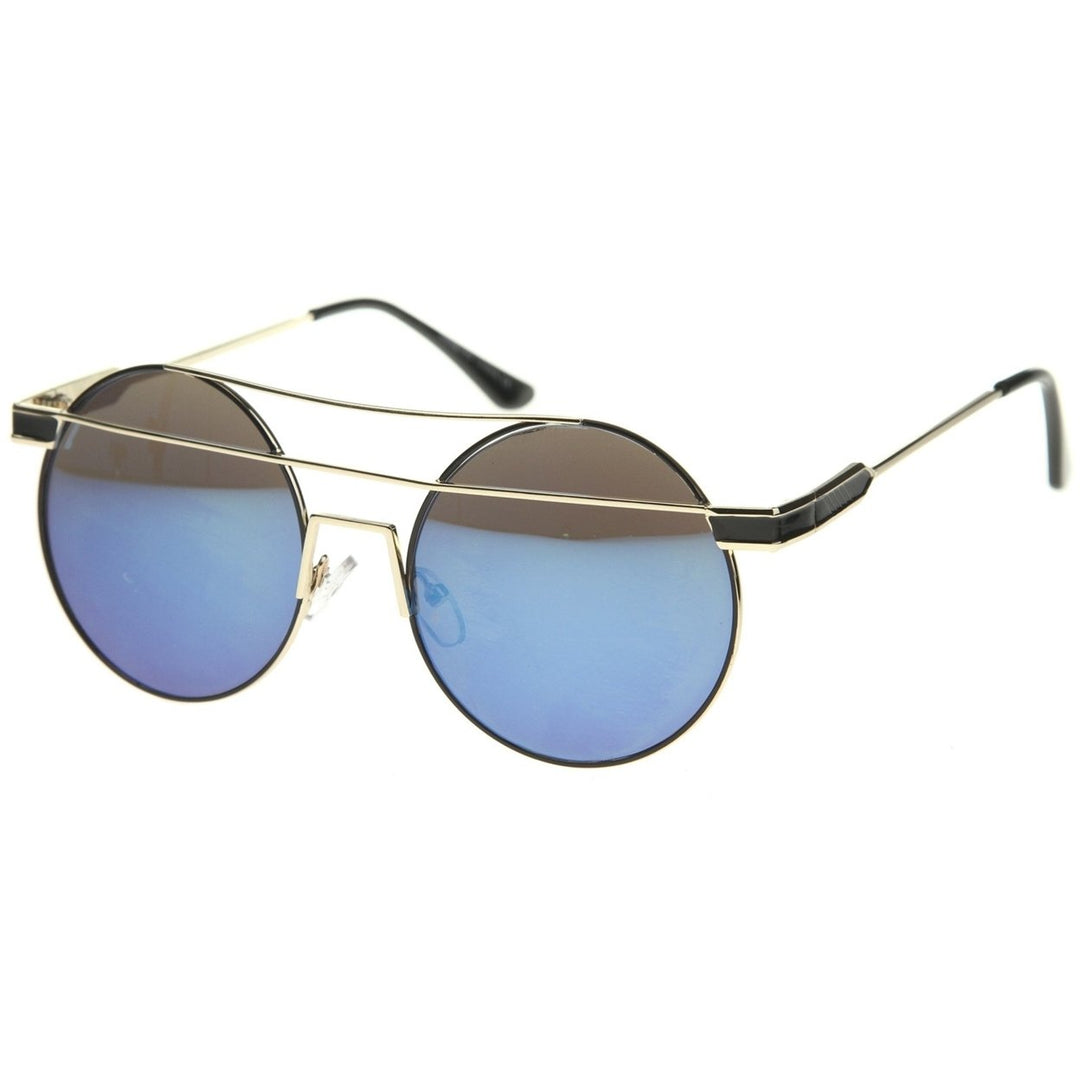 Modern Metal Frame Double Bridge Colored Mirror Lens Round Sunglasses 59mm Image 2