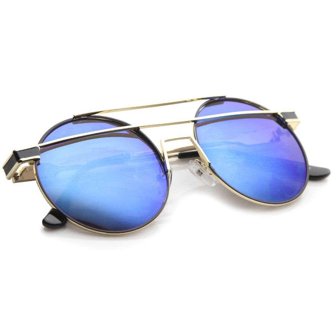 Modern Metal Frame Double Bridge Colored Mirror Lens Round Sunglasses 59mm Image 4