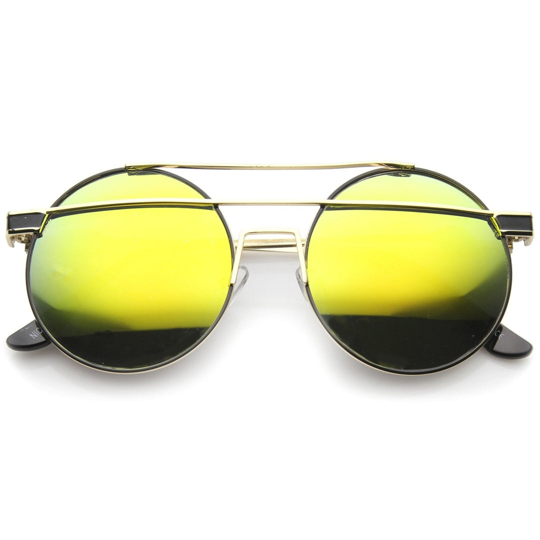 Modern Metal Frame Double Bridge Colored Mirror Lens Round Sunglasses 59mm Image 4