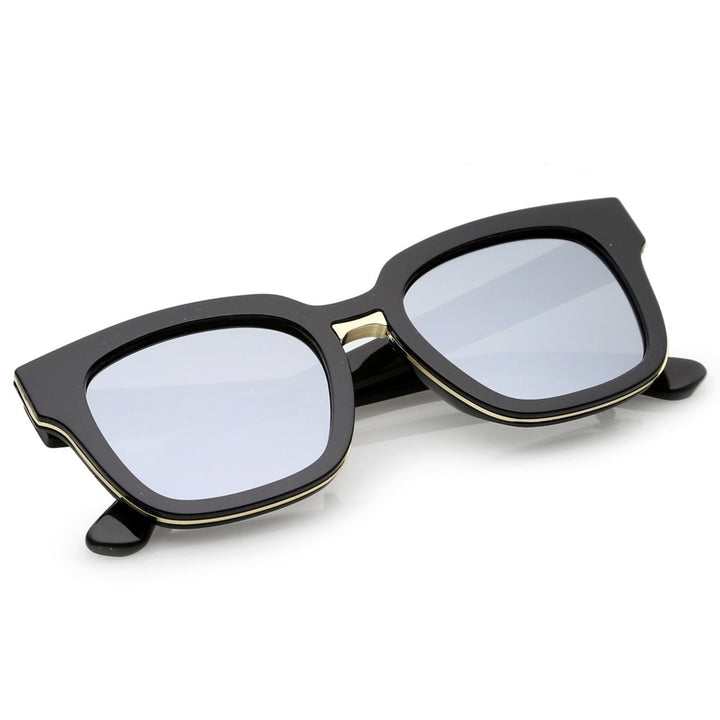 Modern Metal Trim Bridge Square Mirror Flat Lens Horn Rimmed Sunglasses 50mm Image 4