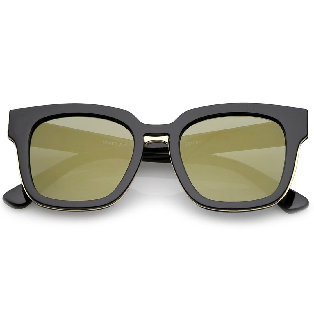 Modern Metal Trim Bridge Square Mirror Flat Lens Horn Rimmed Sunglasses 50mm Image 4