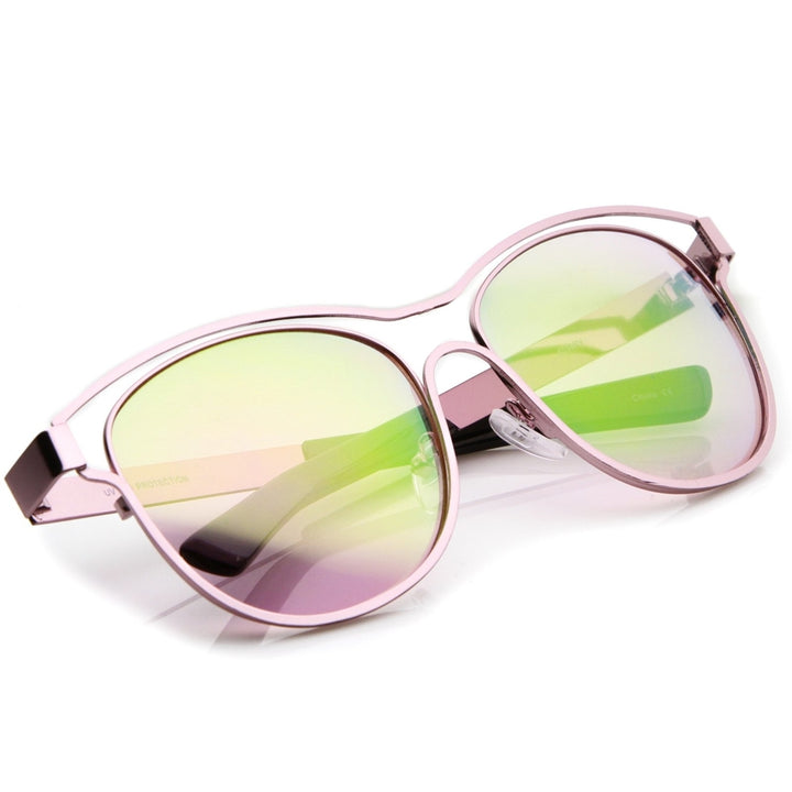 Modern Open Metal Frame Colored Mirror Lens Horn Rimmed Sunglasses 56mm Image 4