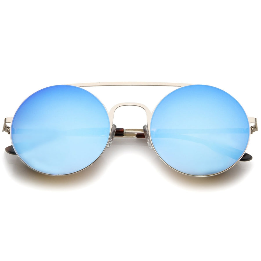Modern Slim Double Nose Bridge Colored Mirror Flat Lens Round Sunglasses 53mm Image 1