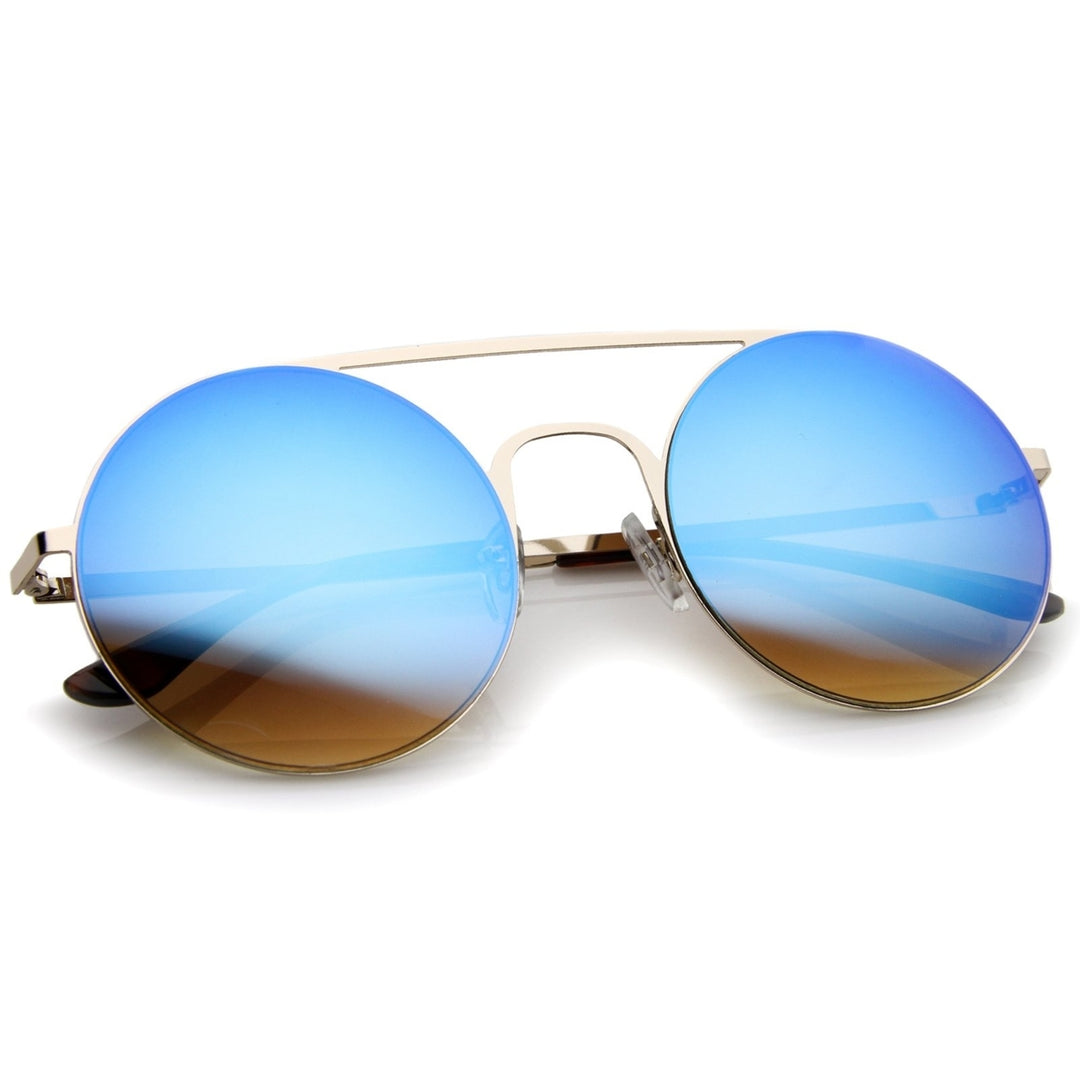 Modern Slim Double Nose Bridge Colored Mirror Flat Lens Round Sunglasses 53mm Image 4