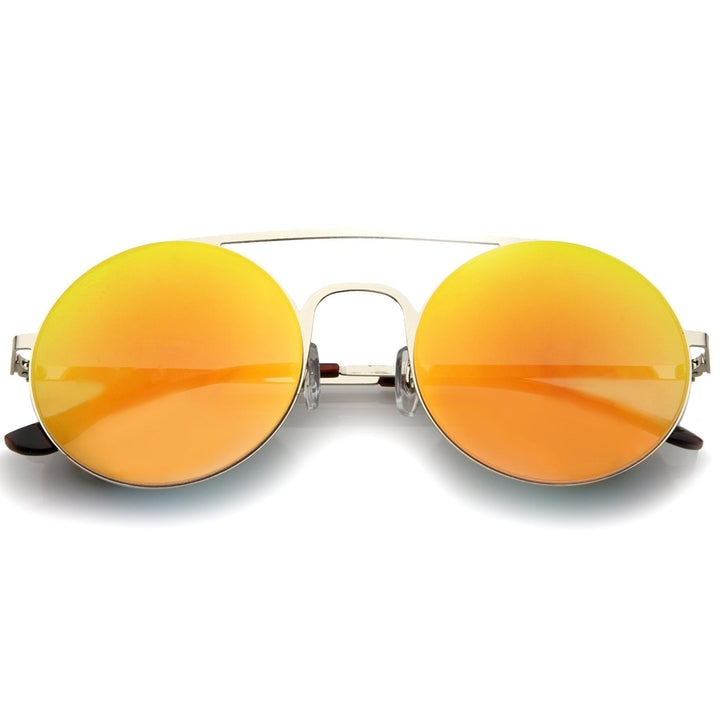 Modern Slim Double Nose Bridge Colored Mirror Flat Lens Round Sunglasses 53mm Image 4