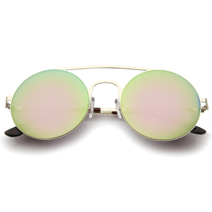 Modern Slim Frame Double Nose Bridge Colored Mirror Flat Lens Round Sunglasses 53mm Image 1
