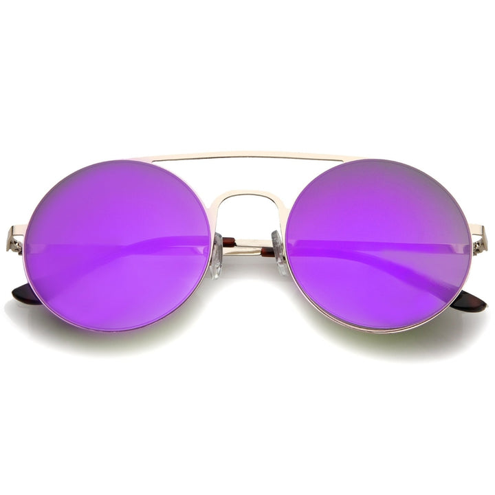 Modern Slim Double Nose Bridge Colored Mirror Flat Lens Round Sunglasses 53mm Image 6