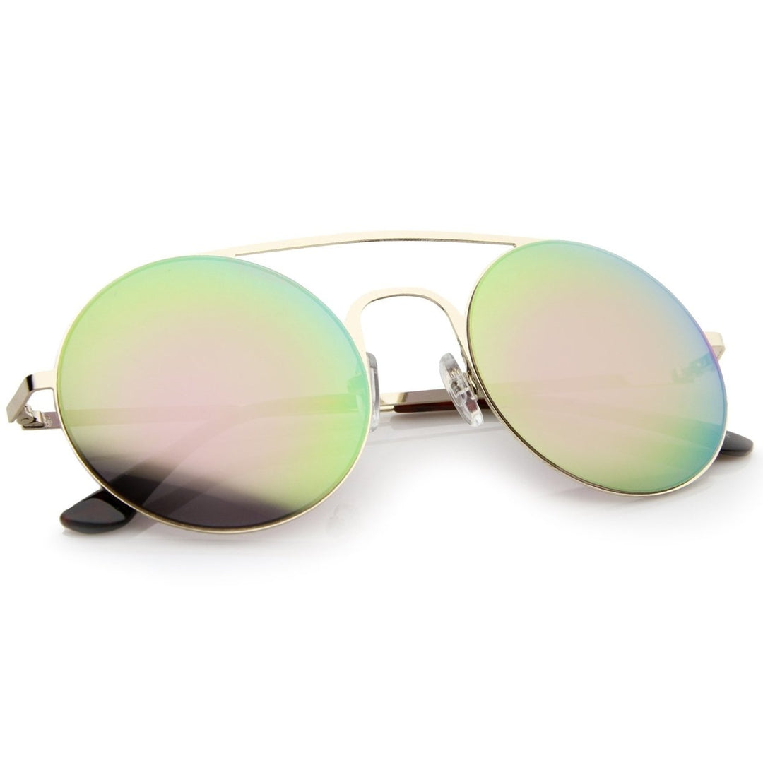 Modern Slim Frame Round Sunglasses 53mm Colored Mirror Flat Lens Double Bridge Image 4