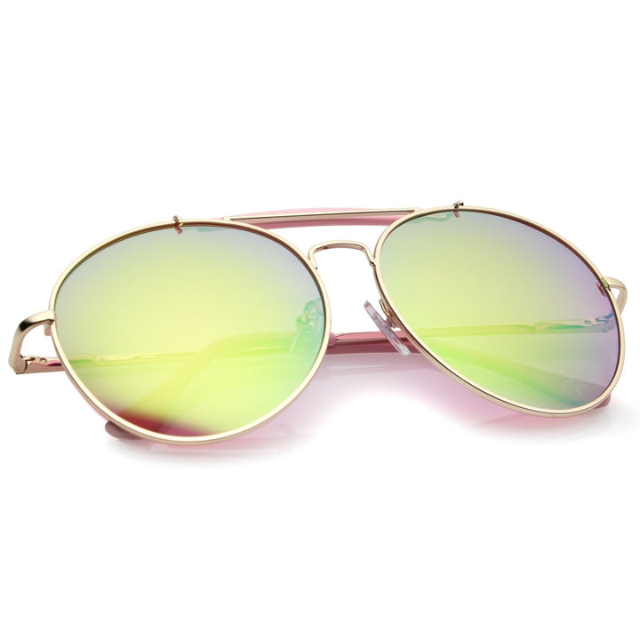 Oversize Double Nose Bridge Round Colored Mirror Lens Aviator Sunglasses 58mm Image 4