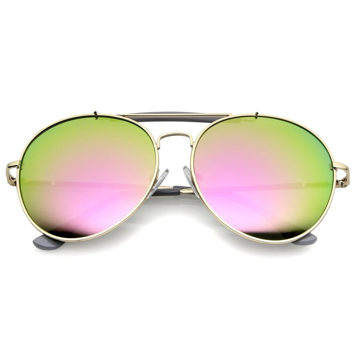 Oversize Double Nose Bridge Round Colored Mirror Lens Aviator Sunglasses 58mm Image 4