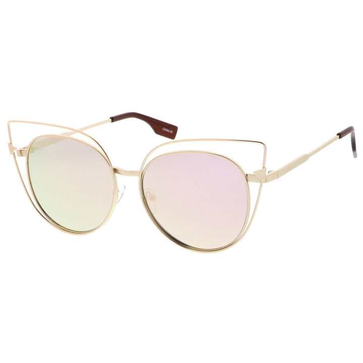 Oversize Metal Cutout Frame Arrow Accent Pink Mirror Flat Lens Cat Eye Sunglasses 57mm Image 2