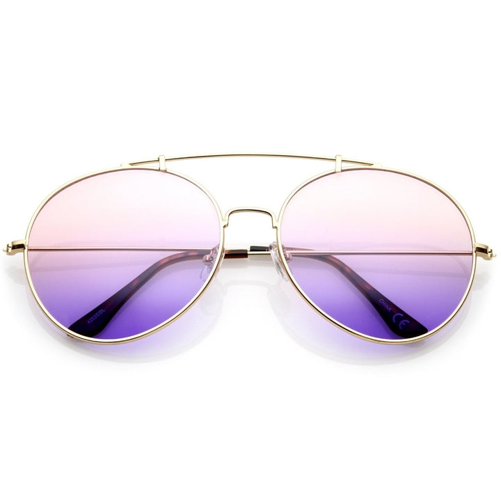 Oversize Metal Double Nose Bridge Slim Arms Gradient Round Lens Aviator Sunglasses 64mm Image 6