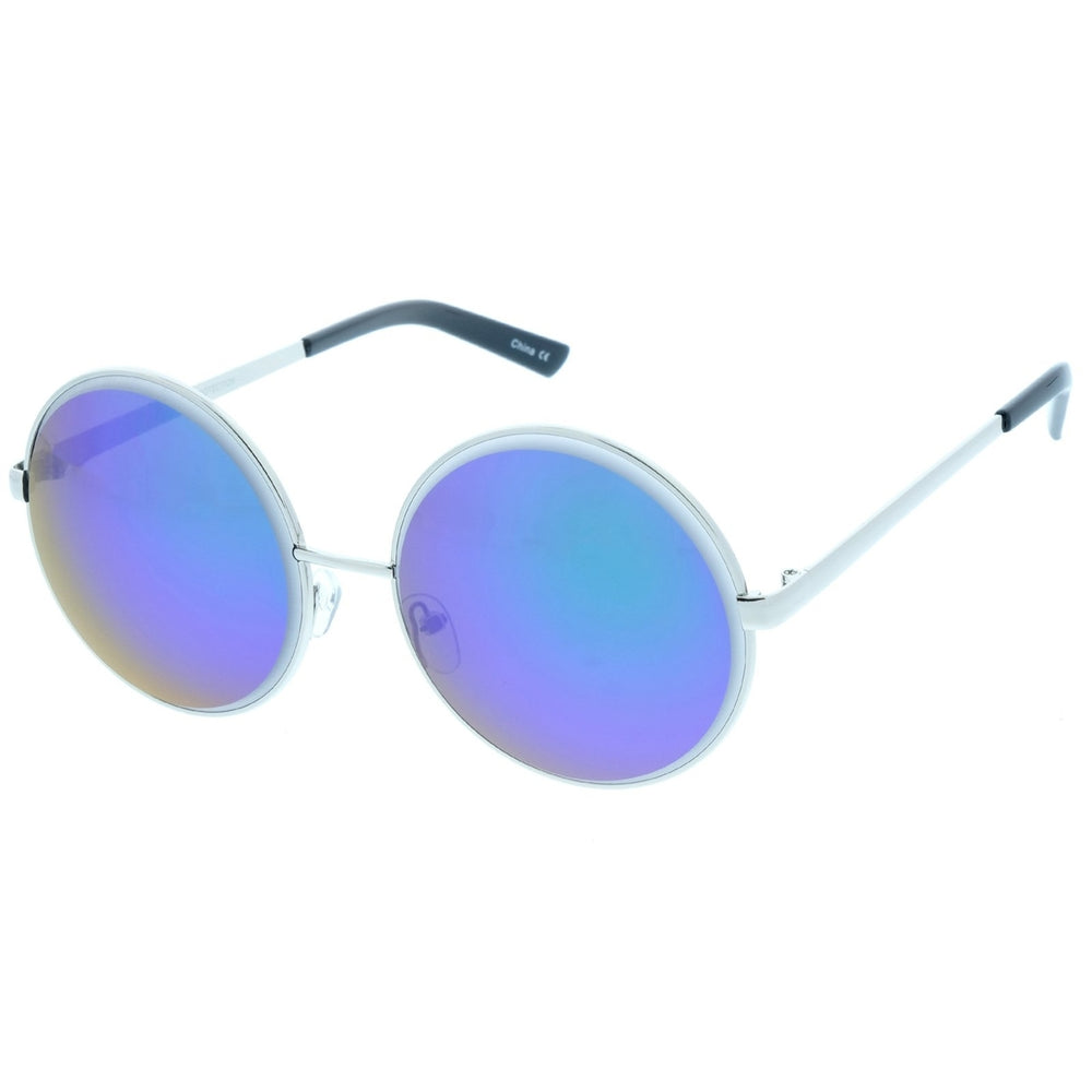 Oversize Round Sunglasses Metal Frame Colored Mirror Lens 60mm UV400 Protection Image 2